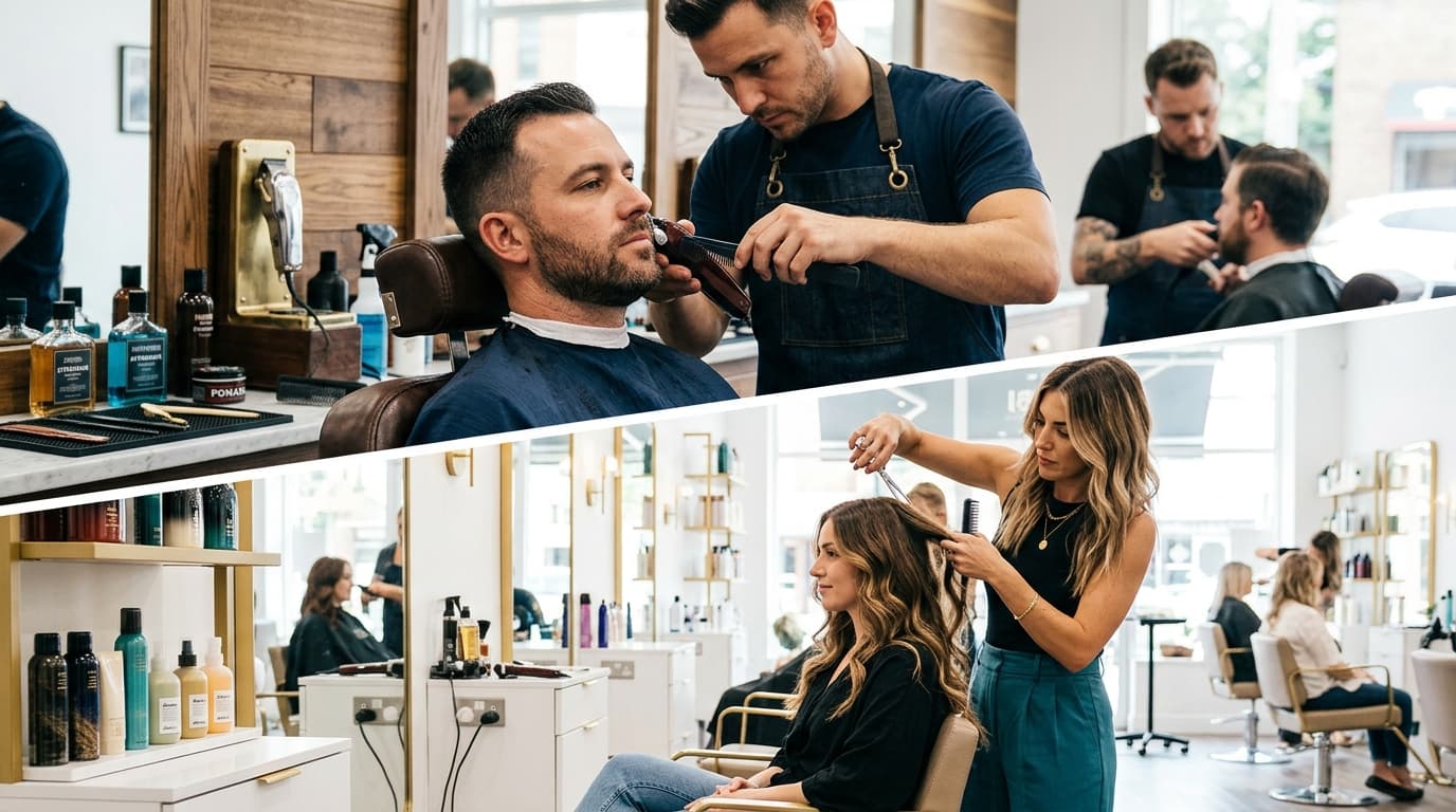 Split-screen comparison between a modern barbershop with a male barber and a bright hair salon with a female stylist. No text.